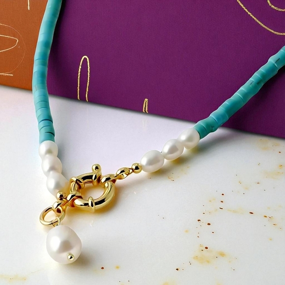 🆕Turquoise & Freshwater Pearls Beaded Necklace | 14K Gold Accents | Trendy Chic - Picture 9 of 13